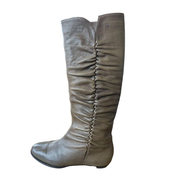 SOLD! Choo Woman's 7.5 Gathered LEATHER Riding Boots Knee High Flat Tall Brown - Picture 2 of 9